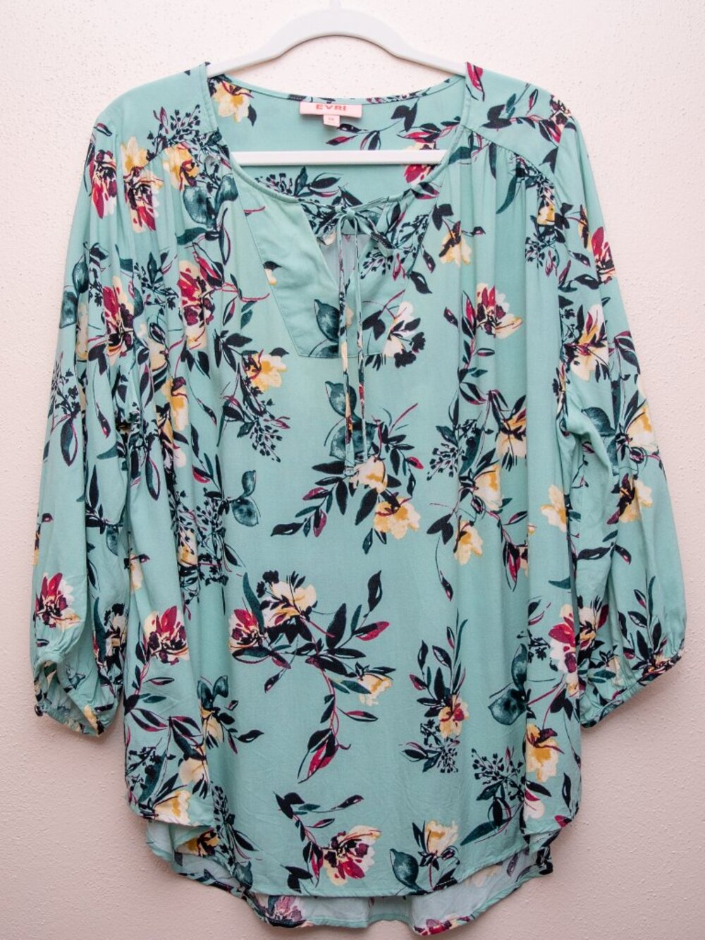 Evri Floral Tie Neck Peasant Blouse Boho Festival Plus Size 1X